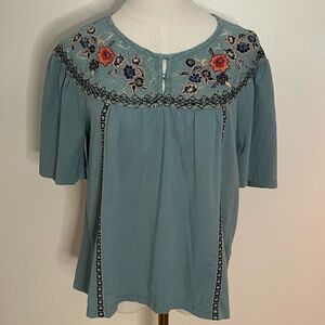 Sundance Embroidered Knit Top  in Slate Green with Mesh Yoke Size XS